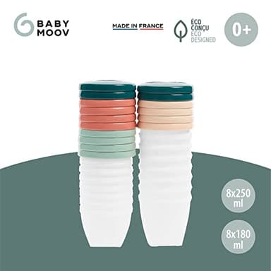 Babymoov Eco-Friendly Baby Food Jars Set of 16 (8 x 6 oz + 8 x 8.45 oz) BPA-Free Storage Containers Made from Biosourced Sugar Cane Leakproof Silicone Lids Microwave, Freezer & Dishwasher Safe - Image 3