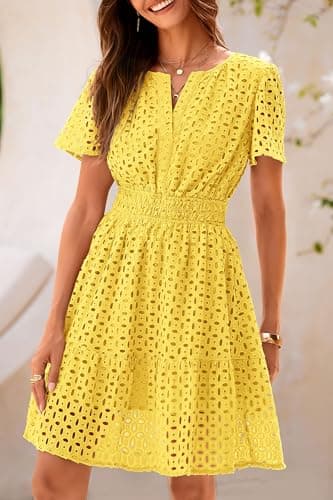 PRETTYGARDEN Womens 2025 Summer Short Dress V Neck Short Sleeve A Line Hollow Out Lace Ruffle Cute Casual Beach Party Dresses (Yellow,Large) - Image 6