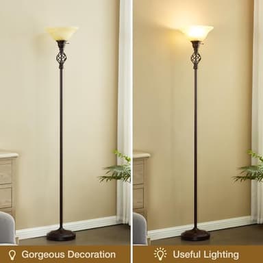 Torchiere Floor Lamp for Living Room, LED Standing Reading Light for Bedroom with Glass Shade for Living Room Corner Bedroom Home Office,Bulbs Included (Yellow Lampshade, Glass 1 Head) - Image 6