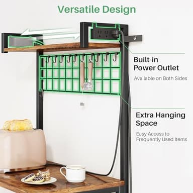 SNTD Bakers Rack with Power Outlet, Kitchen Shelves Microwave Stand with Wire Grid and 10 Hooks, 4 Tiers Coffee Stand (Rustic Brown, 23.5 x 15.6 x 52.8 Inches) - Image 3