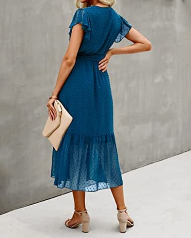 BTFBM Women Summer Bohemian Floral Casual Wrap V Neck Ruffle Cap Sleeveless Belt A-Line Pleated Hem Swing Midi Sun Dress (Swiss Dot Lake Blue, l) - Image 5