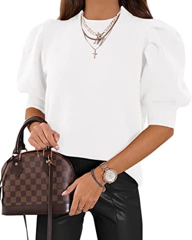 Women's Puff Short Sleeve Sweater Tops 2025 Spring Summer Trendy Crew Neck Casual T Shirts Blouses A-White - Image 1