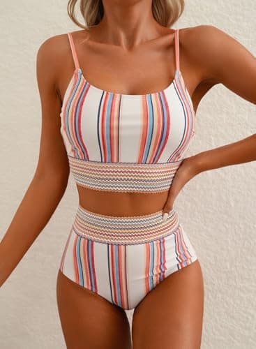 Herseas Women's Bikini Sets High Waisted Two Pieces Swimsuits White Stripe Padded Top Modest Bottom Bathing Suits Large - Image 3