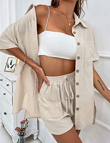 APAFES Women Summer Cotton Linen Short Sets 2 Piece Shorts Top Lounge Beach Vacation Two Piece Outfits Tracksuits(762-Apricot-M) - Image 7