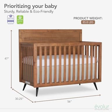Evolur Stilnovo Mid Century 4-in-1 Convertible Crib in Sugarcane, Greenguard Gold Certified, 3 Mattress Height Settings, Modern Nursery, Wooden Furniture - Image 3