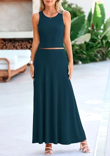 PRETTYGARDEN Women's 2 Piece Maxi Skirt Sets Casual Summer Knit Cropped Tank Top High Waisted Long Skirts Outfit (Lake Blue,Medium) - Image 7