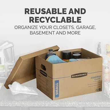 Bankers Box Classic Moving Box 12 Pack Kit, Reinforced Handles, Tape-Free Assembly, Box with Lid, 8 Small and 4 Medium Boxes (7716401) - Image 8