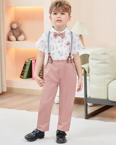 DISAUR Baby Boy Gentleman Outfit White Flower Dress Shirt Pink Suspender Pants Toddler Suits for Boys 3t 4t 3-4t - Image 6
