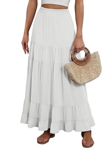 ANRABESS Womens Maxi Skirt Elastic High Waist Swing Tiered A-line Flowy Pleated Boho Beach Vacation Long Skirts White X-Large - Image 1