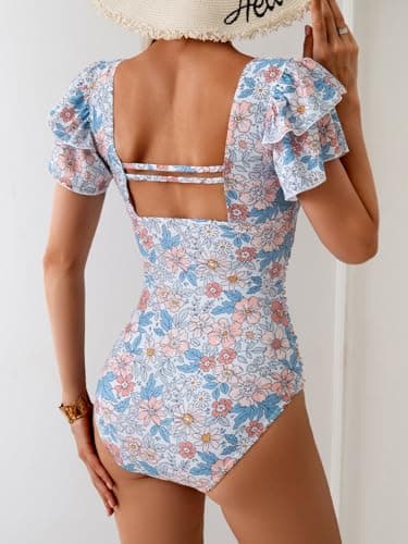Eomenie Women's Tummy Control One Piece Swimsuit Ruffle Square Neck Bathing Suit Ruched Cutout Back Slimming Swimwear - Image 2
