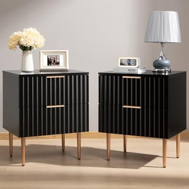 SICOTAS Black Night Stand Set 2, Fluted Glossy Nightstand with 2 Drawers, Wide Modern Storage Bedside Table for Bedroom, End Side Table with Golden Metal Legs and Handles (Black, 2 Pieces) - Image 1
