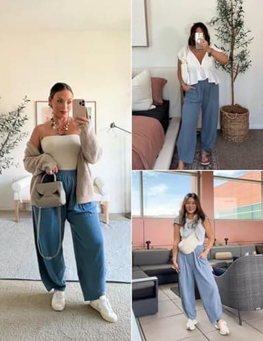 Xiaoxuemeng Womens Baggy Wide Leg Pants Casual Elastic Waisted Palazzo Harem Pants with Pockets(Dustyblue-S) - Image 4