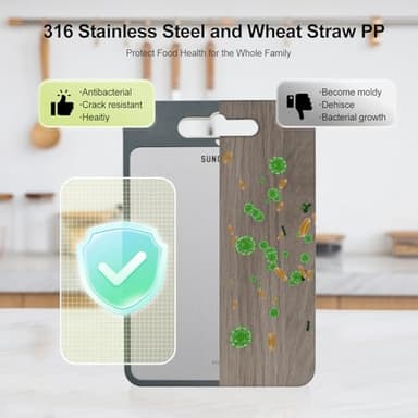 Cutting Board for Kitchen,Cutting Board Double Sided Food Grade,316 Stainless Steel and Wheat Straw PP, Easy to Clean Large Size 16”×11” - Image 4
