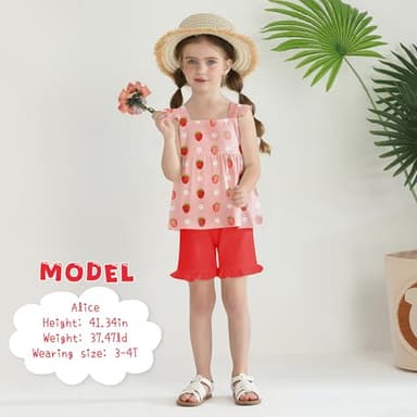 YUEMION Toddler Gir Clothes, 2Pcs Baby Gir Summer Outfits Ruffle Sleeveless Shirts Flora Tops + Shorts Clothing Set(Strawberry + Red, 4-5T) - Image 3