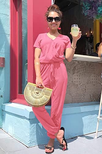 PRETTYGARDEN Jumpsuits for Women 2025 Spring Summer Casual Dressy Short Sleeve Romper Airport Vacation Travel Outfits (Rose Pink,Large) - Image 4