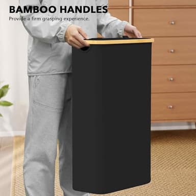 SpaceAid Slim Laundry Hamper with Lid, 65L Narrow Clothes Basket Bin with Bamboo Handles, Skinny Tall Collapsible Hamper for Bedroom, Bathroom, Dorm, Laundry Room - Black - Image 6