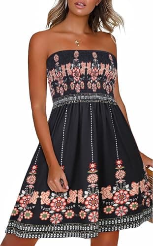 CHICGAL Womens Summer Dresses Strapless Boho Floral Print Sundress Beach Cover Ups(Boho Red Floral Print,2XL) - Image 1
