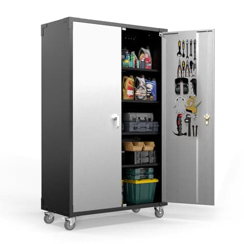 VINGLI Upgraded Wide & Deep Garage Storage Cabinet, Metal Storage Cabinet with Pegboards, Wheels, Locking Doors and Adjustable Shelves (Black & Silver, 43''W x 20''D x 72''H) - Image 1