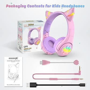 Riwbox CF9 Cat Ear Kids Bluetooth Headphones with LED Light Up,Safe 85dB Volume Limit,Built-in Mic&Boom Mic for Calls,Kids Wireless&Wired Headphones for Tablet/Airplane/School/Online Learning (Purple) - Image 7