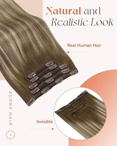 Sunny Hair Clip in Hair Extensions Straight Human Hair Clip in Extensions Remy Clip in Hair Extensions Real Human Hair Extensions Clip ins Ombre Walnut Brown to Light Brown Blonde 20 - Image 2