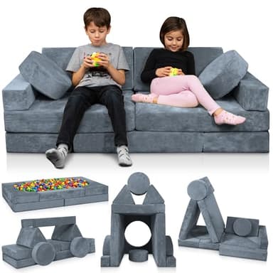 Lunix LX15 14pcs Modular Kids Play Couch, Child Sectional Sofa, Fortplay Bedroom and Playroom Furniture for Toddlers, Convertible Foam and Floor Cushion for Boys and Girls, Gray - Image 1