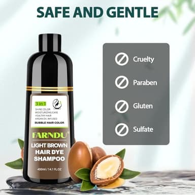 FARNDU Light Brown Hair Dye Shampoo 3 in 1 with Argan Oil – 10-15 Min Gray Coverage, Natural Instant Hair Color Shampoo for Women and Men, Long-Lasting Up to 6 Months - Image 4