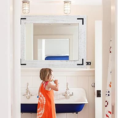 YOSHOOT Rustic Wooden Framed Wall Mirror, Natural Wood Bathroom Vanity Mirror for Farmhouse Decor, Vertical or Horizontal Hanging, 32" x 24",White Grey - Image 5