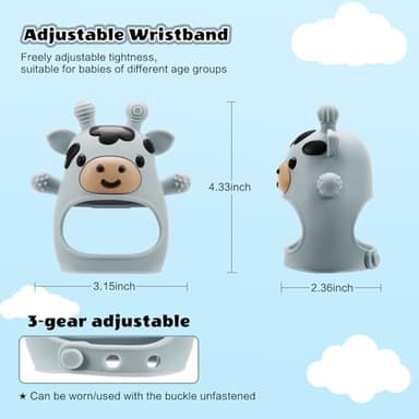 TOHIBEE 2 Packs Baby Teething Toys for 0-6 6-12 Months, Food Grade Silicone Adjustable Cow Teething Mitten, Chew Teether Toys for Teething Pain Relief, Baby and New Born Essentials, Blue & White - Image 2