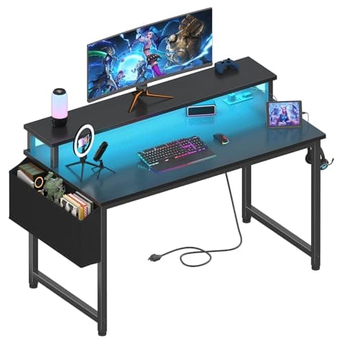 Lufeiya Black Gaming Desk with LED Lights and Power Outlets, 40 Inch Teen Writing Study Table Home Office Desks with Monitor Stand, Computer Desk with Charging Station USB Port, Black - Image 1