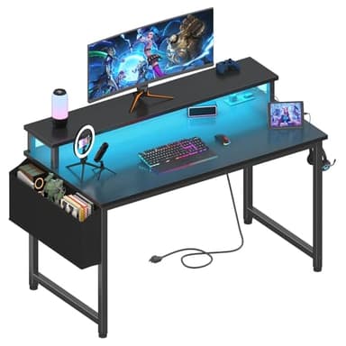 Lufeiya Black Gaming Desk with LED Lights and Power Outlets, 40 Inch Teen Writing Study Table Home Office Desks with Monitor Stand, Computer Desk with Charging Station USB Port, Black - Image 1