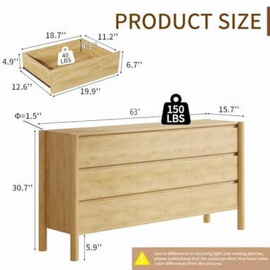 CHUWELL Dresser for Bedroom, 63" Wide Mid Century Modern Chest of Drawers with 9 Large Storage Space and 4 Solid Wood Cylindrical Legs, 9 Drawer Large Dresser for Bedroom(Oak) - Image 2