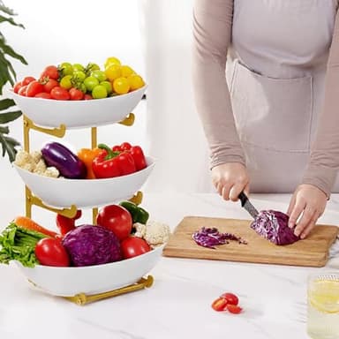 Lifewit Plastic Fruit Bowl Basket for Kitchen Countertop, 3 Tier Fruit Holder with Gold Metal Stand, Serving Tray for Food, Vegetable, Cake, Dessert in Party - Image 7