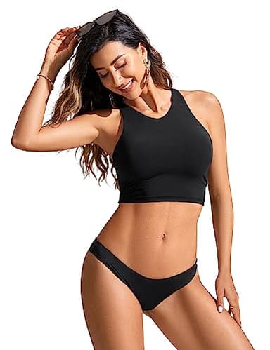 CRZ YOGA Womens Racerback Bikini Tops Quick Dry High Neck Modest Swimsuit Padded Sports Bathing Suit Black Medium - Image 3
