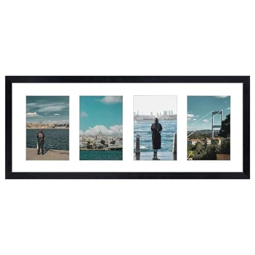 EYMPEU 4x6 Four Opening Picture Frame with Mat or 8x20 Frame without Mat, Black 4 Pciture Frame Collage for 4 x 6 Photo, Horizontal or Vertical Display for Wall, Black 4 Opening 1 Pack - Image 1