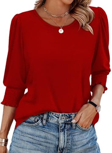 XIEERDUO 3/4 Length Sleeve Womens Tops Blouses for Women Dressy Casual Womens Short Sleeve Tops Red L - Image 1
