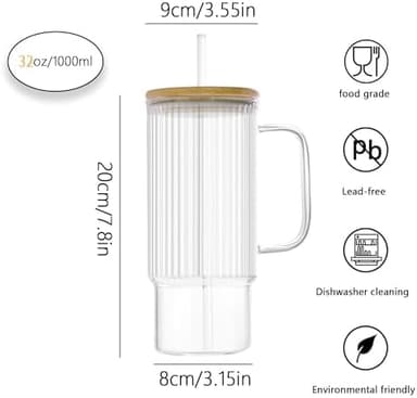 32oz Ribbed Glass Cup with Handle Bamboo Lid and Straw, Glass Tumbler, Iced Coffee Cups Hot/Cold Drinks - Image 4