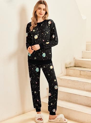 Ekouaer Pajamas Set Long Sleeve Joggers Pjs Fall 2 Piece Lounge Outfits Jogger Pajama for Women Set Black Night Sky XXL - Image 2
