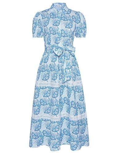 GRACE KARIN Women's 2025 Summer Floral Flowy Dresses Boho Tie Belt Short Puff Sleeve A Line Maxi Shirt Dress with Pocket White Blue Large - Image 1