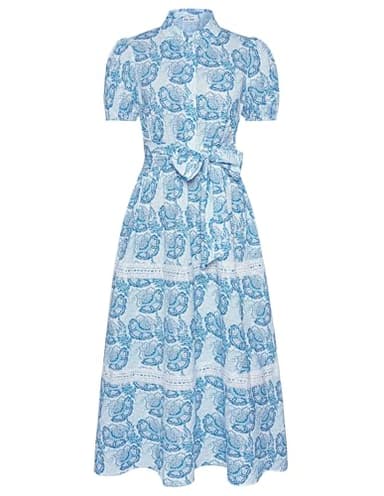 GRACE KARIN Women's 2025 Summer Floral Flowy Dresses Boho Tie Belt Short Puff Sleeve A Line Maxi Shirt Dress with Pocket White Blue Large - Image 1