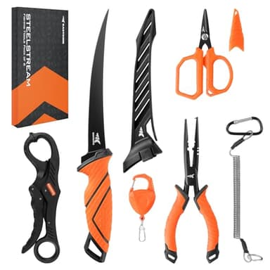 KastKing SteelStream 6pc Fishing Tool Kit - Corrosion Resistant Fishing Pliers with Lanyard, Fillet Knife, Floating Fish Lip Gripper, Fishing Braid Scissors, Tool Retractor, Fishing Gifts for Men - Image 1
