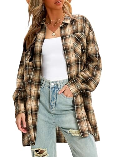 EXLURA Womens Plaid Flannel Shacket Long Sleeve Button Down Shirts Long Jackets Oversized Spring Fashion Outfits 2025 Clothes Khaki Black - Image 1