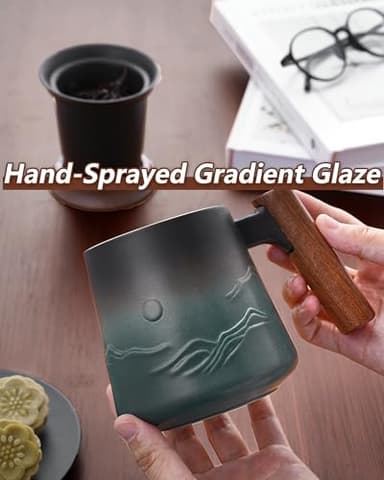 ZENS Embossed Ceramic Tea Mug with Infuser and Lid, 14.5 oz Wooden Handle, Loose Leaf Tea Steeper Cup & Strainer for Tea Lovers Gifts - Image 6