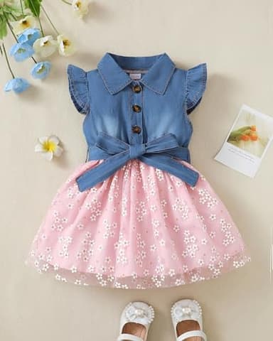Toddler Girl Clothes 2T 3T Summer Outfit Girls Denim Tulle Dress Princess Ruffle Short Sleeve Tutu Prom Sundress Cute Toddler Pink Floral Dresses - Image 2
