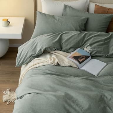JIYUAN 100% Washed Cotton Duvet Cover Set 3 Pieces King, 1 Duvet Cover 104x90 Inches(Comforter Not Included) and 2 Pillowcases,Linen Feel Bedding Set Comfy and Breathable, Heathered Green - Image 2