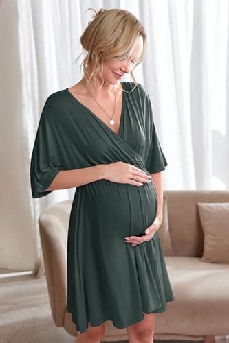 Ekouaer 3 in 1 Labor/Delivery/Hospital Gown Maternity Dress Nursing Nightgown Sleepwear for Breastfeeding, Dark Green, XX-Large - Image 4