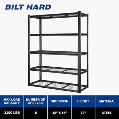 BILT HARD 48" W Garage Shelving 3000 LBS, 72" H x 18" D Storage Shelves, 5-Tier Industrial Heavy Duty Storage Shelves, Steel Shelving with Adjustable Rack, Black - Image 2