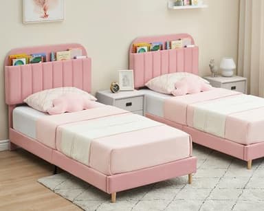 GarveeHome Twin Bed Frame with Storage Headboard, Velvet Upholstered Platform Bedframe for Kids, Girl Bed, Strong Wooden Slats, Noise-Free, Easy Assembly, No Box Spring Needed, Pink - Image 5