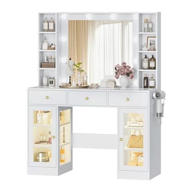 Wodeer Makeup Vanity Desk with Mirror and Lights, White Vanity with Glass Top, LED Lights & Power Outlet, 3 Drawers & 2 RGB Glass Cabinets, Adjustable Lighted Dressing Table for Women & Girls Bedroom - Image 8