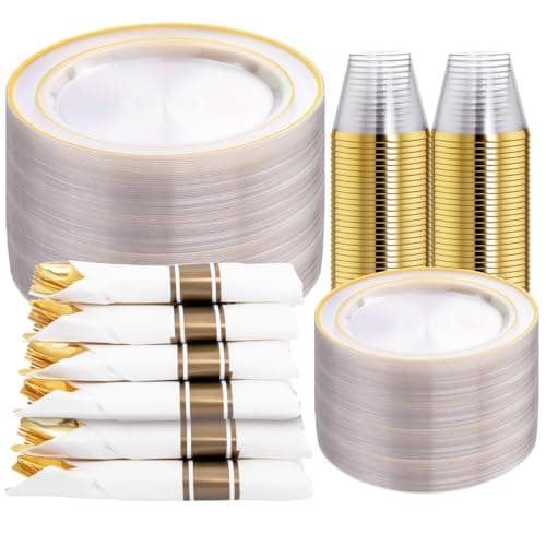 DaYammi 350PCS Clear Gold Plastic Dinnerware Set for 50 Guests, Fancy Disposable Plates for Party, Include: 50 Dinner Plates, 50 Dessert Plates, 50 Pre Rolled Napkins with Gold Silverware, 50 Cups - Image 1