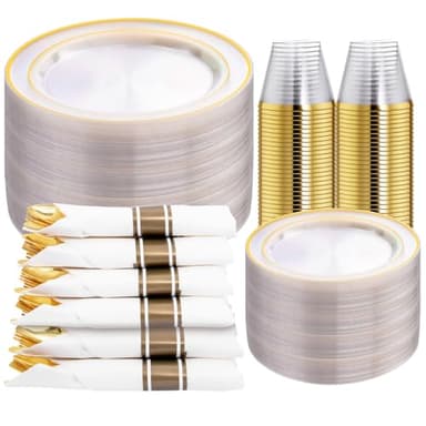 DaYammi 350PCS Clear Gold Plastic Dinnerware Set for 50 Guests, Fancy Disposable Plates for Party, Include: 50 Dinner Plates, 50 Dessert Plates, 50 Pre Rolled Napkins with Gold Silverware, 50 Cups - Image 1